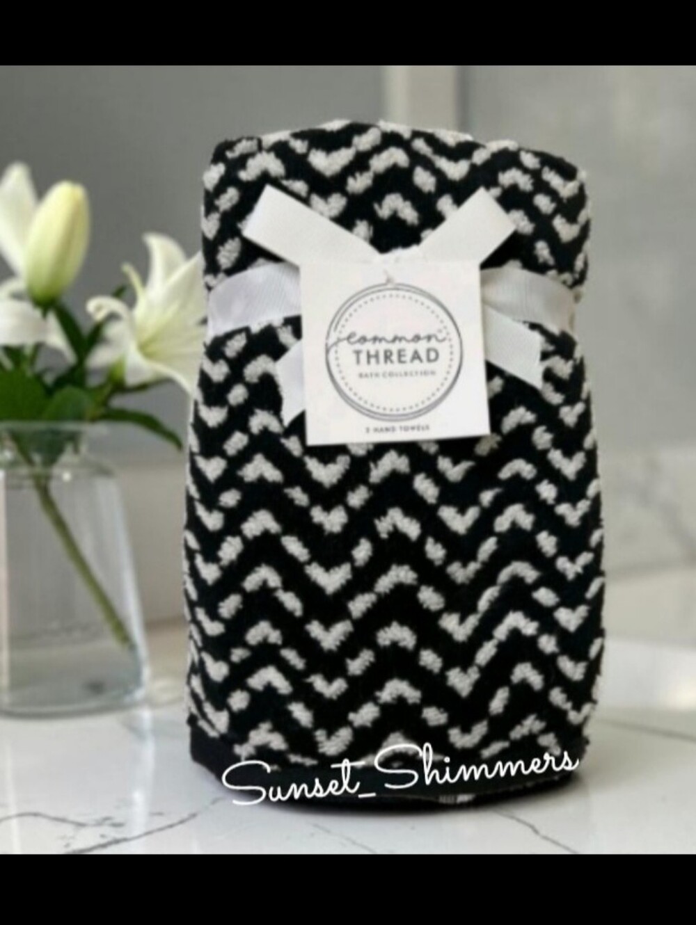 2pc COMMON THREAD BLACK WHITE CHEVRON JACQUARD COTTON HAND TOWEL SET NEW